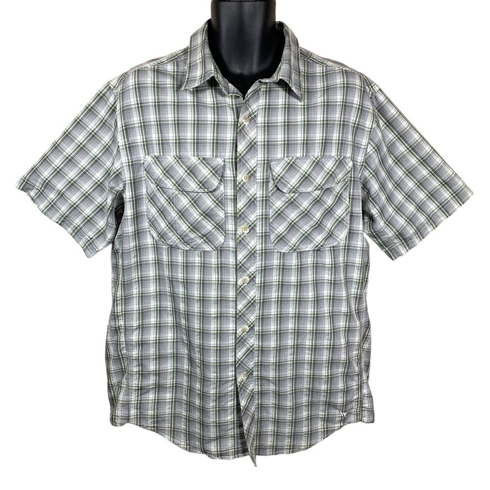Large White Sierra Mens Grey Green Plaid Button Down Short Sleeve Shirt